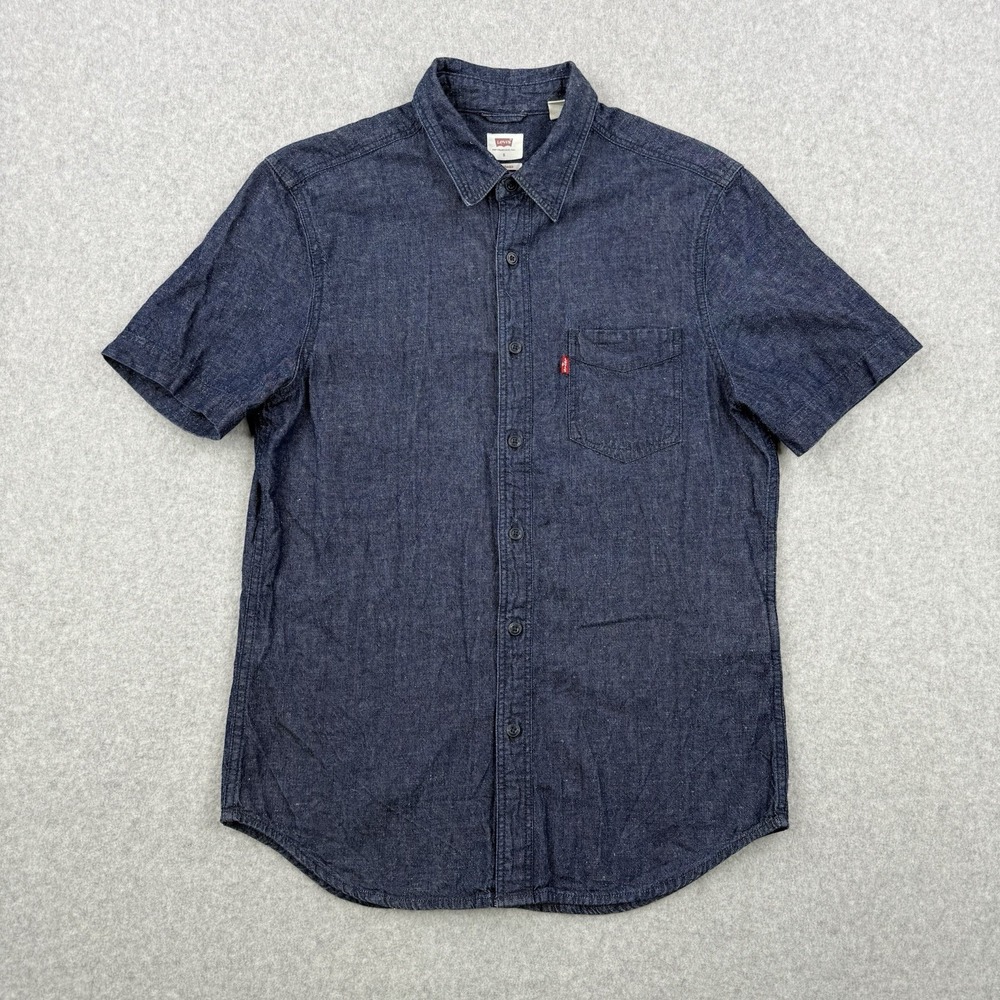 Levis Shirt Mens Small Blue Denim Hemp Blend Button Up Short Sleeve Casual - Picture 1 of 10